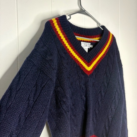 Vintage 90s GAP V-Neck Pullover 100% Shetland Wool Sweater Tennis Cricket Medium - Picture 4 of 7